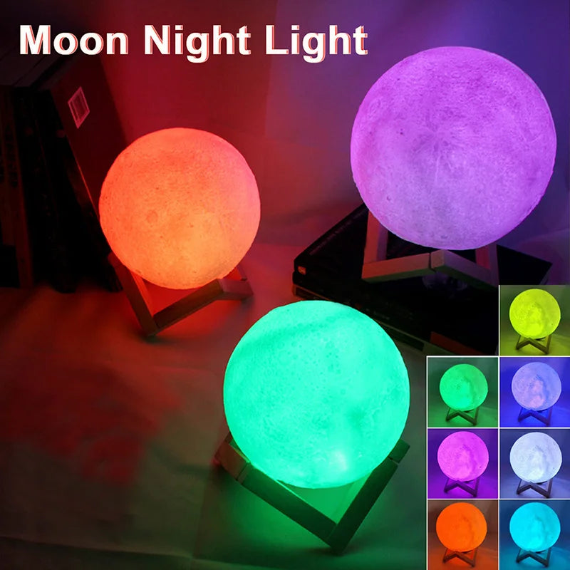 8cm Çaplı 3D Ay LED Işık, 7 Renkli Gece Lambası